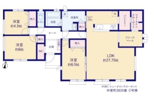 今人気の平屋住宅の3LDKが誕生♪子育て世代には安心の平屋は、陽当り良好です。 新築 ハートフルタウン中里町3020番 C号棟(全3棟) 間取り